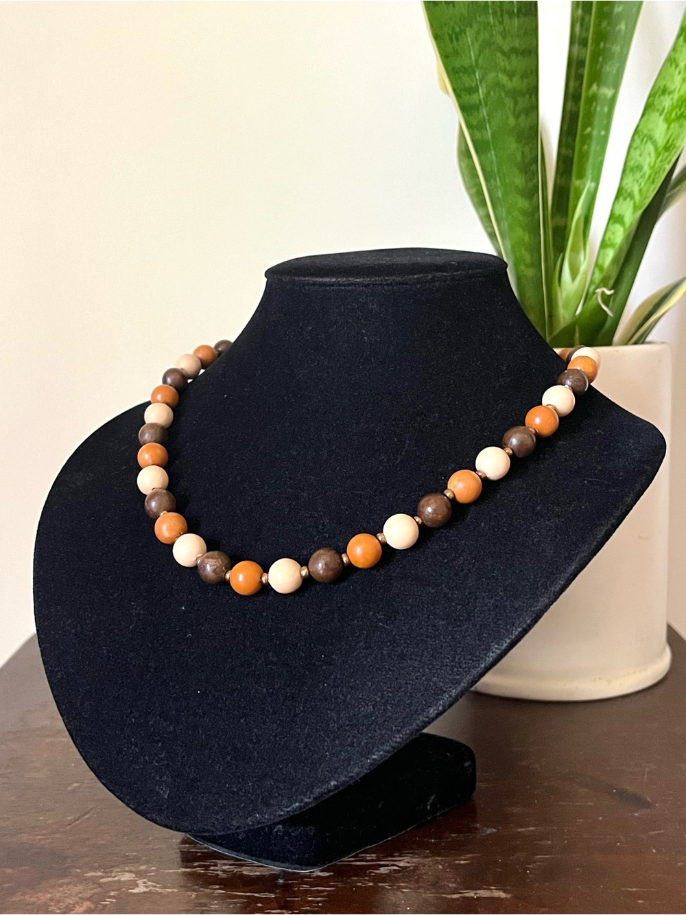 Vintage Wood And Gold Beaded Necklace